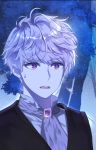  1boy gem helio_niccolo kimdosalove male_focus open_mouth outdoors pale_skin purple_eyes purple_neckwear solo sweatdrop upper_body your_throne 