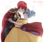  2boys akabane_karma ansatsu_kyoushitsu blue_eyes blue_hair cape cloak dress drill_hair eyebrows_visible_through_hair formal gloves jewelry multiple_boys necklace open_mouth otoko_no_ko red_hair sash shiota_nagisa shirt short_hair shy smile suit sweat tenten_(kitty) tiara yellow_dress yellow_eyes 