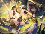  1girl arknights arm_up bangs between_thighs black_gloves black_hair blunt_bangs blurry breasts canteen cleavage depth_of_field earrings elbow_gloves eunectes_(arknights) gloves jewelry large_breasts looking_at_viewer lying midriff open_toe_shoes outdoors samo_(shichun_samo) shoe_removed sidelocks single_elbow_glove solo strapless tail thigh_strap toenail_polish toothbrush tubetop weibo_username wrench 