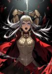  1girl armor axe battle_axe black_background black_feathers boobplate breastplate broken_crown cape commentary_request crown dress edelgard_von_hresvelg fake_horns feather_trim feathers fire_emblem fire_emblem:_three_houses fire_emblem_heroes floating_hair gauntlets hair_down hair_ornament highres holding holding_axe holding_weapon horn_ornament horns long_hair looking_at_viewer mueririko open_mouth purple_eyes red_cape red_dress scar silver_hair single_horn solo teeth tiara torn_cape torn_clothes weapon 
