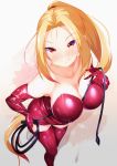  1girl bare_shoulders blonde_hair breasts cleavage closed_mouth collarbone dress elbow_gloves gloves holding large_breasts long_hair looking_at_viewer ponytail red_dress red_gloves short_dress shynesslady smile solo star_ocean star_ocean_the_second_story strapless very_long_hair whip 