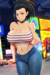  1boy 1girl all_might bare_shoulders black_hair blonde_hair blush bodysuit boku_no_hero_academia breasts denim earrings huge_breasts jeans jewelry krabby_(artist) looking_at_viewer midriff navel pants patreon_username shiny shiny_hair shiny_skin sky smile star_(sky) starry_sky strapless tubetop yaoyorozu_momo 