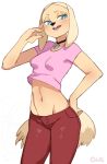  anthro bottomwear brandy_and_mr._whiskers brandy_harrington canid canine canis clothing crop_top disney domestic_dog female hand_on_hip hi_res jeans lightsource mammal midriff pants shirt simple_background smug solo topwear 