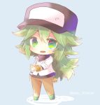  1boy :d bangle bangs baseball_cap black_headwear black_shirt blue_background bracelet brown_pants chibi eyebrows_visible_through_hair full_body green_eyes green_footwear green_hair hair_between_eyes hat jacket jewelry kouu_hiyoyo long_hair long_sleeves male_focus n_(pokemon) open_mouth pants pokemon pokemon_(game) pokemon_bw shirt shoes smile solo standing twitter_username very_long_hair white_jacket 