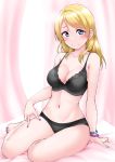  1girl arm_support ayase_eli bangs bare_arms bare_legs barefoot bed bed_sheet black_bow black_bra black_panties blonde_hair blue_eyes blush bow bow_bra bra breasts cleavage collarbone curtains eyebrows_visible_through_hair floral_print hair_between_eyes hand_on_own_thigh highres large_breasts long_hair looking_at_viewer love_live! love_live!_school_idol_project nail_polish navel on_bed panties sitting sleeveless smile solo toenail_polish underwear underwear_only wristband yokozuwari yopparai_oni 