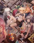  6+girls :d absurdres ahoge animal_ear_fluff animal_ears arknights bangs black_shorts black_skirt blonde_hair blue_eyes blue_poison_(arknights) breasts chinese_commentary commentary_request crop_top dutch_angle eunectes_(arknights) female_doctor_(arknights) finger_in_mouth fox_ears gavial_(arknights) grey_eyes greythroat_(arknights) highres huge_filesize indoors jinjide_shaonian large_breasts long_hair midriff miniskirt multiple_girls open_mouth orange_eyes orange_hair out_of_frame pink_hair pleated_skirt short_hair short_shorts shorts silver_hair skirt small_breasts smile strapless thighhighs thighs tomimi_(arknights) tubetop vermeil_(arknights) zettai_ryouiki 