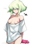  1girl arms_behind_back bare_shoulders breasts collarbone dildo eyebrows_visible_through_hair eyes_visible_through_hair genderswap genderswap_(mtf) green_hair highres holding lio_fotia nipples parted_lips promare purple_eyes sex_toy short_hair simple_background solo takatsuki_ichi white_background 