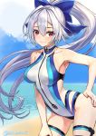  1girl bangs beach blue_bow blue_sky blue_swimsuit blush bow breasts fate/grand_order fate_(series) hair_between_eyes hair_bow highleg highleg_swimsuit highres large_breasts long_hair looking_at_viewer ninnin_(shishitou) one-piece_swimsuit ponytail red_eyes shore silver_hair sky smile swimsuit thigh_strap thighs tomoe_gozen_(fate/grand_order) tomoe_gozen_(swimsuit_saber)_(fate) two-tone_swimsuit white_swimsuit 