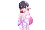  achiki apple black_hair braids candy flat_chest flowers food fruit japanese_clothes original purple_eyes short_hair white yukata 