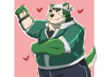  &lt;3 2020 anthro bottomwear canid canine canis clothing cute_fangs domestic_dog fur green_body green_fur hi_res kemono live-a-hero male mammal mokdai morningbread16 overweight overweight_anthro overweight_male pants shirt solo topwear video_games 