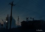  cloud dark house leaf no_humans original outdoors power_lines railroad_crossing scenery signature sky sunset telephone_pole town wind 