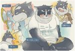  2020 anthro belly blush bottomwear clothing duo eyes_closed food hug human japanese_text kemono magami_tobazu male male_focus mammal overweight overweight_male protagonist_(tas) shirt shorts sitting text tokyo_afterschool_summoners topwear tsathoggua video_games 