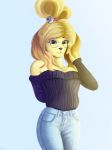  animal_crossing anthro black_eyes black_nose blonde_hair bottomwear canid canine canis clothing domestic_dog eyewear female glasses hair hi_res isabelle_(animal_crossing) jeans looking_at_viewer mammal nintendo pants simple_background smile solo standing sweater topwear tyzain video_games 