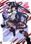  2020 animal_humanoid arknights belt blaze_(arknights) blood blue_hair bodily_fluids boots chainsaw clothing felid felid_humanoid female footwear gloves hair handwear hi_res holding_object holding_weapon humanoid long_hair looking_aside mammal mammal_humanoid on_one_leg power_tool scruffyturtles simple_background smile solo standing tools weapon 