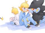  1boy ahoge akasaka_(qv92612) back-to-back blonde_hair blue_eyes blue_jumpsuit clemont_(pokemon) commentary_request dated fang gen_4_pokemon glasses holding holding_pokemon long_sleeves luxray multiple_views one_eye_closed open_mouth pokemon pokemon_(anime) pokemon_(creature) pokemon_xy_(anime) shinx shoes sitting smile tongue translation_request younger 