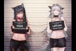  2girls :p animal_ear_fluff animal_ears arknights bangs black_hair black_nails breasts brown_eyes choker crop_top eyebrows_visible_through_hair fangs fingerless_gloves food gloves grey_eyes hair_between_eyes hair_ornament hairclip holding ink. lappland_(arknights) long_hair long_sleeves looking_at_viewer midriff mouth_hold multiple_girls navel pocky red_hair scar scar_across_eye shorts silver_hair smile stomach tail texas_(arknights) tongue tongue_out wolf_ears 
