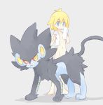  1boy akasaka_(qv92612) bangs barefoot blocking blonde_hair blue_eyes bottomless clemont_(pokemon) closed_mouth collarbone commentary_request eyebrows_visible_through_hair gen_4_pokemon grey_background holding holding_towel looking_to_the_side luxray navel pokemon pokemon_(creature) pokemon_(game) pokemon_xy standing sweat toes towel towel_around_neck white_towel 