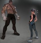  1boy 1girl abs ass bald black_hair breasts bun_cover casual chun-li denim double_bun earrings eyepatch faceoff hair_pulled_back hand_wraps hands_in_pockets height_difference highres jeans jewelry medium_breasts morry muscle muscular_female one-eyed pants pectorals sagat scar shirtless shoes short_hair slender_waist sneakers street_fighter tank_top veins wristband 