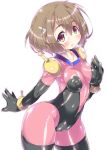  1girl areolae bodysuit brown_eyes brown_hair covered_nipples cowboy_shot gundam gundam_build_divers gundam_build_divers_re:rise impossible_bodysuit impossible_clothes kanibasami large_areolae mobile_trace_suit mukai_hinata multicolored multicolored_bodysuit multicolored_clothes pink_bodysuit short_hair skin_tight solo sweat 
