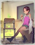  1girl black_footwear boots brown_hair camisole chair classroom dated green_shorts grey_eyes hair_ornament hairclip highres indoors looking_at_viewer muk_(monsieur) original pink_camisole short_hair shorts signature smile solo 