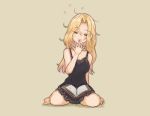  1girl =_= barefoot beige_background black_negligee blonde_hair book closed_eyes full_body head_tilt hornet_(kantai_collection) kantai_collection long_hair otoufu simple_background sitting solo wariza yawning 
