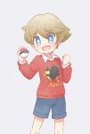  1boy akasaka_(qv92612) bangs blue_eyes brown_hair clenched_hand collared_shirt commentary_request eyebrows_visible_through_hair hair_between_eyes happy highres holding holding_poke_ball long_sleeves male_focus open_mouth poke_ball poke_ball_(basic) pokemon pokemon_(game) pokemon_swsh red_sweater shirt short_hair shorts solo sweater white_shirt youngster_(pokemon) 