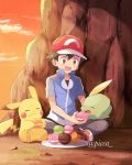  1boy artist_name ash_ketchum baseball_cap black_hair blue_jacket brown_eyes cloud commentary_request eating feeding food gen_1_pokemon gen_3_pokemon gulpin hat jacket mei_(maysroom) open_mouth outdoors pants pikachu pokemon pokemon_(anime) pokemon_(creature) pokemon_xy_(anime) red_headwear short_sleeves sitting sky teeth tongue twilight watermark 