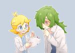  2boys ahoge akasaka_(qv92612) bangs blonde_hair blue_jumpsuit clemont_(pokemon) commentary_request eyebrows_visible_through_hair eyepiece green_hair hair_over_one_eye hand_up hands_up holding holding_paper labcoat long_hair long_sleeves looking_down male_focus multiple_boys open_mouth orange-tinted_eyewear paper pokemon pokemon_(anime) pokemon_m21 pokemon_xy_(anime) shiny shiny_hair tongue toren_(pokemon) 