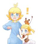  ! 1boy 1girl akasaka_(qv92612) bangs bare_arms blonde_hair blue_eyes bonnie_(pokemon) brother_and_sister clemont_(pokemon) commentary_request dedenne eyebrows_visible_through_hair gen_6_pokemon glasses height_difference highres jumpsuit_tug on_head open_mouth pokemon pokemon_(creature) pokemon_(game) pokemon_on_head pokemon_xy siblings surprised sweatdrop tied_hair tongue 