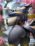  2020 anthro big_breasts big_butt black_nose blue_body blue_fur breasts butt canid canine canis canyne capcom curvy_figure dagger detailed_background domestic_dog female fur hi_res holding_object holding_weapon huge_breasts looking_at_viewer mammal melee_weapon monster_hunter monster_hunter_rise palamute signature smile solo taranima thick_thighs tree video_games voluptuous water weapon white_body white_fur 