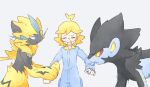  1boy ahoge akasaka_(qv92612) arm_grab bangs blonde_hair blue_jumpsuit clemont_(pokemon) closed_eyes commentary_request cowboy_shot fighting gen_4_pokemon gen_7_pokemon glasses jumpsuit_tug long_sleeves luxray mouth_hold mythical_pokemon open_mouth pokemon pokemon_(creature) pokemon_(game) pokemon_xy sketch sweat tongue zeraora 