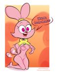  2020 anthro bottomless breasts cartoon_network chowder_(series) clothed clothing dialogue english_text erect_nipples exposed_breasts female front_view full-length_portrait gametimeasia kneeling lagomorph leporid mammal nipples open_mouth panini_(chowder) pink_body pink_eyes portrait rabbit raised_clothing raised_shirt solo tailwag text 