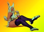  1girl absurdres animal_ears black_legwear boku_no_hero_academia breasts bunny_ears bunny_tail carrot clenched_hand crossed_legs dark_skin eating food gloves highres impossible_clothes large_breasts leotard long_hair mirko orange_background sanefox sharp_teeth sitting smile tail teeth thick_thighs thighhighs thighs toes toned white_gloves white_hair 