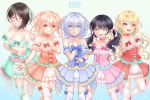  5girls :d arms_under_breasts asymmetrical_hair bang_dream! bangs bare_shoulders black_hair blonde_hair blue_choker blue_dress blue_eyes blue_legwear blue_ribbon blush breasts brown_eyes choker cleavage clenched_hands collarbone commentary_request cosplay cowboy_shot crossed_arms dress eyebrows_visible_through_hair frilled_dress frills futaba_tsukushi green_background green_choker green_dress green_legwear green_ribbon hair_between_eyes hair_intakes hair_ornament hair_ribbon hand_on_hip hand_up hands_up hiromachi_nanami kirigaya_touko kurata_mashiro large_breasts long_hair looking_at_viewer medium_breasts morfonica multiple_girls open_mouth orange_choker orange_dress orange_hair orange_legwear orange_ribbon parted_hair pastel_palettes pink_choker pink_dress pink_eyes pink_legwear pink_ribbon red_dress red_ribbon ribbon shirogane_tsubasa short_hair sidelocks signature silver_hair simple_background single_sidelock smile standing standing_on_one_leg strapless strapless_dress thighhighs twintails two_side_up upper_teeth white_legwear wrist_ribbon yashio_rui yellow_eyes zettai_ryouiki 