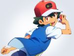  1boy ameiro_pk ash_ketchum bangs baseball_cap commentary fingernails green_hair hat holding holding_poke_ball jacket looking_at_viewer looking_back male_focus poke_ball poke_ball_(basic) pokemon pokemon_(anime) pokemon_swsh_(anime) red_eyes red_headwear shirt short_sleeves solo white_background white_shirt 