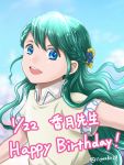  1girl :d bangs blue_eyes blue_flower blurry blurry_background braid floating_hair flower french_braid green_hair hair_between_eyes hair_flower hair_ornament happy_birthday honzuki_no_gekokujou long_hair open_mouth shiny shiny_hair short_sleeves smile solo tuuli_(honzuki_no_gekokujou) twitter_username upper_body very_long_hair yellow_flower yuuko24 