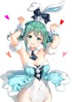  1girl absurdres animal_ears armpits arms_up bow breasts bunny_ears collarr covered_navel fishnet_legwear fishnets green_eyes green_hair hatsune_miku highres leotard medium_breasts mini_necktie rissenka sidelocks simple_background solo vocaloid white_background wrist_cuffs 