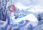  1girl ark_order blue_eyes commentary_request highres japanese_clothes kimono long_hair pink_hair scarlet_dango snow snowflake_print solo tied_hair winter yuki_onna_(ark_order) 