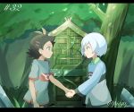  2boys antenna_hair artist_name black_hair blue_eyes closed_mouth day eyelashes forest goh_(pokemon) green_eyes hashtag highres holding_hands male_focus mei_(maysroom) multiple_boys nature number outdoors plant pokemon pokemon_(anime) pokemon_swsh_(anime) short_sleeves shrine side_slit signature silver_hair smile tokio_(pokemon) tree vines 