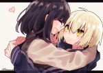  2girls :&lt; arms_around_neck bird_hoodie_girl_(tsubaki_tsubara) black_hair blonde_hair blue_hoodie blush brown_hoodie cat_hoodie_girl_(tsubaki_tsubara) closed_eyes couple glasses hair_between_eyes heart medium_hair multiple_girls open_mouth original round_eyewear short_hair signature tsubaki_tsubaru white_background yellow_eyes 