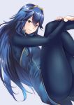  1girl ameno_(a_meno0) ass bangs blue_eyes blue_hair bodysuit fire_emblem fire_emblem_awakening hair_between_eyes hand_on_own_knee highres long_hair looking_at_viewer lucina_(fire_emblem) ribbed_bodysuit shiny shiny_hair simple_background smile solo thighs tiara 