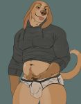  anthro belly bodily_fluids bulge canid canine canis clothing domestic_dog hi_res hoodie male mammal musk pavlov_(possumpecker) possumpecker pubes scratching slightly_chubby solo sweat tongue topwear torn_clothing 