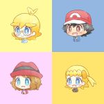  2boys 2girls ahoge akasaka_(qv92612) ash_ketchum bangs baseball_cap black_hair blonde_hair blue_eyes blush_stickers bonnie_(pokemon) brother_and_sister brown_eyes chibi clemont_(pokemon) closed_mouth commentary_request eyelashes happy hat multiple_boys multiple_girls open_mouth pokemon pokemon_(anime) pokemon_xy_(anime) serena_(pokemon) siblings smile tongue 