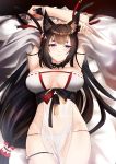  1girl absurdres amagi_(azur_lane) amagi_(wending_waters_serene_lotus)_(azur_lane) animal_ears armpits arms_up art_itou azur_lane bare_shoulders bikini black_hair breasts breasts_apart brown_hair center_opening choker fox_ears hair_ornament highres large_breasts long_hair looking_at_viewer lying makeup no_bra on_back parted_lips pelvic_curtain purple_eyes sash see-through solo swimsuit thigh_strap thighs very_long_hair white_bikini 