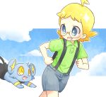  1boy ahoge akasaka_(qv92612) blonde_hair blue_shorts blush buttons clemont_(pokemon) clenched_hands collared_shirt commentary_request gen_4_pokemon glasses green_shirt grey_eyes happy looking_back open_mouth pokemon pokemon_(creature) shinx shiny shiny_hair shirt short_sleeves shorts sparkle suspender_shorts suspenders tongue younger 