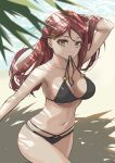  1girl absurdres akiki_(kiki) arm_up bare_shoulders beach bikini black_bikini breasts collarbone commentary_request hair_ornament hairclip hand_behind_head highres large_breasts long_hair looking_at_viewer love_live! love_live!_sunshine!! mouth_hold navel outdoors red_hair sakurauchi_riko shade solo swimsuit thighs yellow_eyes 