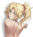  1girl back bangs blonde_hair blush braid breasts closed_mouth fang fate/apocrypha fate_(series) french_braid green_eyes hair_ornament hair_scrunchie jewelry long_hair looking_at_viewer looking_back mordred_(fate) mordred_(fate)_(all) necklace parted_bangs ponytail red_scrunchie scrunchie sidelocks smile solo tonee tongue tongue_out topless 