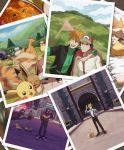  2boys alakazam appletun arm_around_neck artist_name baseball_cap black_hair black_jacket black_pants blue_oak charizard closed_mouth cloud commentary curry cuteskitty day eevee food gen_1_pokemon gen_8_pokemon grass hand_in_pocket hat heart highres jacket jewelry long_sleeves motion_blur multiple_boys necklace older orange_hair outdoors pants photo_(object) pidgeot pikachu pokemon pokemon_(game) pokemon_sm pokemon_swsh pose red_(pokemon) sky snorlax spiked_hair standing sweater sweater_under_jacket turtleneck turtleneck_sweater watermark 