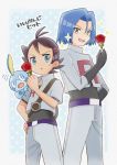  2boys antenna_hair bangs belt black_gloves blue_eyes blue_hair commentary eyelashes flower flying_sweatdrops gen_8_pokemon gloves goh_(pokemon) green_eyes hand_on_hip highres holding holding_flower hutao_(hutao94100883) james_(pokemon) looking_at_viewer multiple_boys open_mouth pants pokemon pokemon_(anime) pokemon_on_arm pokemon_swsh_(anime) red_flower red_rose rose short_sleeves smile sobble sweatdrop team_rocket team_rocket_uniform translation_request wavy_mouth white_pants 