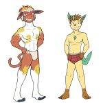  1:1 anthro anthrofied asian_clothing athletic briefs bulge clothed clothing duo east_asian_clothing eeveelution full-length_portrait fundoshi fuze grin hands_on_hips hi_res infernape japanese_clothing leafeon male navel nintendo nipples pok&eacute;mon pok&eacute;mon_(species) portrait simple_background smile topless underwear underwear_only video_games white_background 